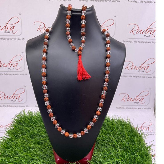 Certified 5 Mukhi Rudraksha with Sphatik Mala (अभिंमत्रित & ब्रह्मगांठ ) 108 Bead
